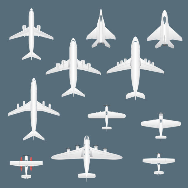 Airplanes top view set. Commercial, private, cargo and military airplanes icon set in top view. Vector. Airplanes top view set. Commercial, private, cargo and military airplanes icon set in top view. Vector. eps10. private plane stock illustrations