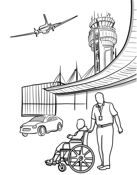 Airport Assistant Person with disability gets help at the airport airport drawings stock illustrations
