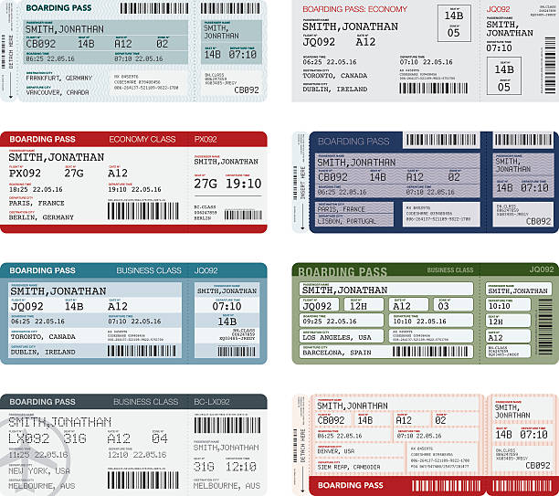 Airport Boarding Passes Icon Set A set of various simple generic airport boarding pass icons from a wide variety of airports. Isolated on white. Download includes an AI10 EPS file as well as a high resolution RGB JPEG. airport clipart stock illustrations
