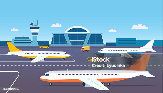 istock Airport building exterior with buses and airplanes. Vector flat style illustration. 1130104432