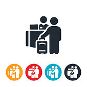 An icon of a person with lugguage at a checkin counter at the airport or a hotel.