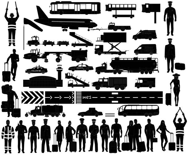 Airport equipment and people set. Silhouettes Airport equipment and people. Silhouettes. Pilots, stewardesses and airport staff in uniform. Passengers with baggage. Airport vehicles. Isolated on white, vector airport silhouettes stock illustrations