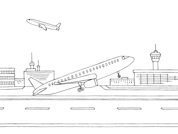 Airport exterior plane takes off graphic black white sketch illustration vector Airport exterior plane takes off graphic black white sketch illustration vector airport drawings stock illustrations