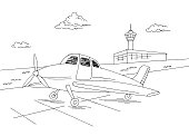 istock Airport exterior plane takes off graphic black white sketch illustration vector 1365116984