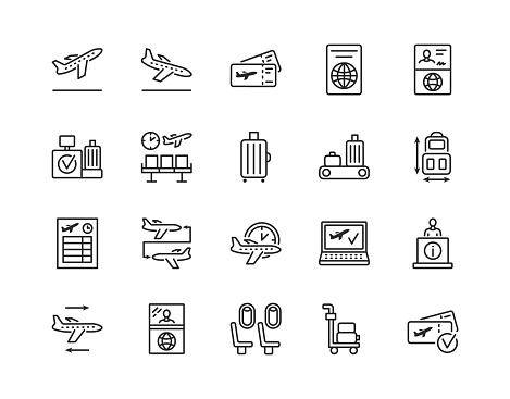 Airport flat line icon set. Vector illustration included online booking, tickets, check in, customs and connecting flight. Editable strokes.