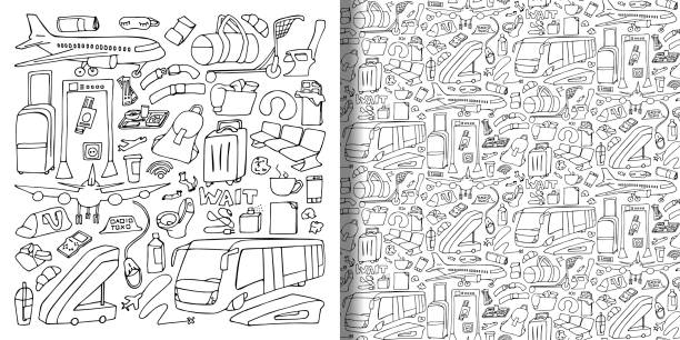 Airport hand drawn doodle set and seamless pattern Airport hand drawn doodle set and seamless pattern. Vector illustrations of doodle travel wallpaper airport drawings stock illustrations