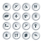 Business airport travel button icons set with plane security check baggage control isolated vector illustration