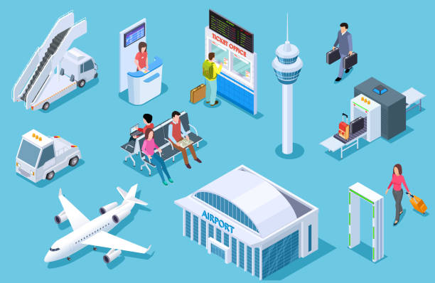 Airport isometric. Passenger luggage, airport terminal. Tower plane passport checkpoint. Business airline travel management vector set vector art illustration