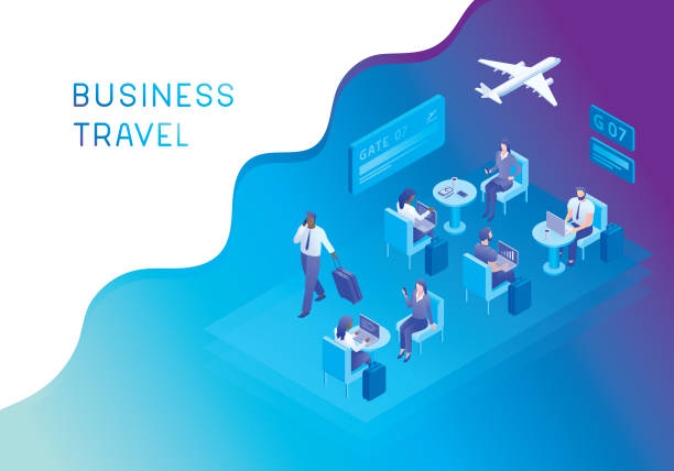 poczekalnia na lotnisku dla osób podróżujących służbowo - business travel stock illustrations
