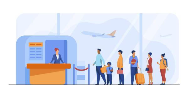Airport queue vector illustration Airport queue vector illustration. Line of tourists standing at check in desk. Flight passengers waiting for boarding to plane in departure area airport stock illustrations
