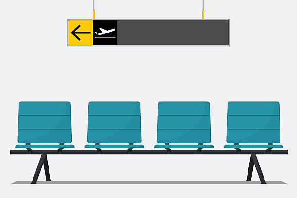Airport seat in waiting area and wayfinding signage. Blue airport seat in waiting area and wayfinding signage. Flat design. Vector Illustration. airport clipart stock illustrations