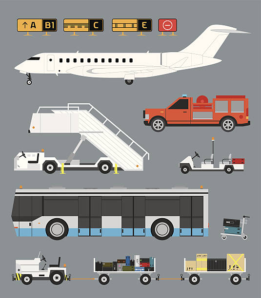 Airport set with baggage cart Airport infographic set with business jet, passenger bus and baggage carts in CMYK luggage cart stock illustrations