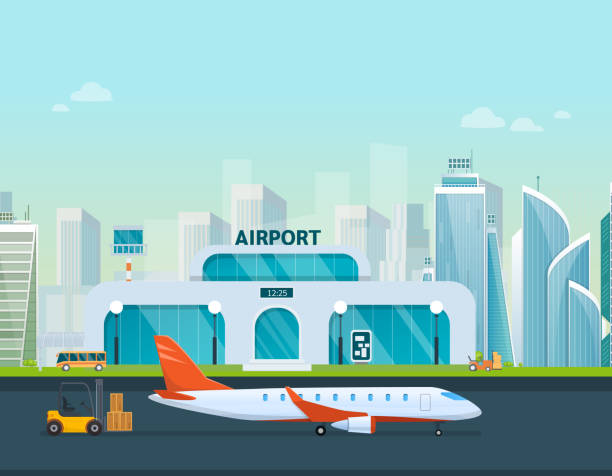 空港ターミナルビルや飛行機、タクシー、車、ローダー。 - 滑走路点のイラスト素材／クリップアート素材／マンガ素材／アイコン素材
