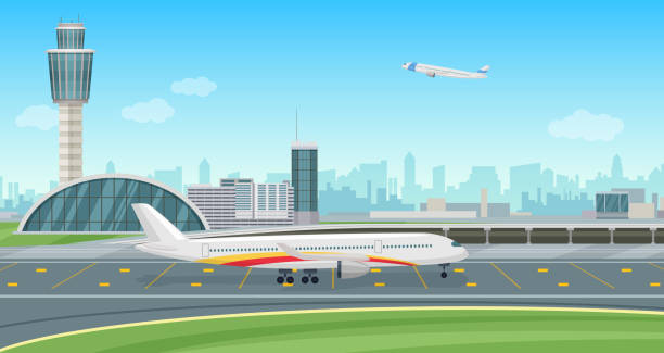 離陸する航空機と空港のターミナルビル。ベクトルの空港の風景。 - 滑走路点のイラスト素材／クリップアート素材／マンガ素材／アイコン素材