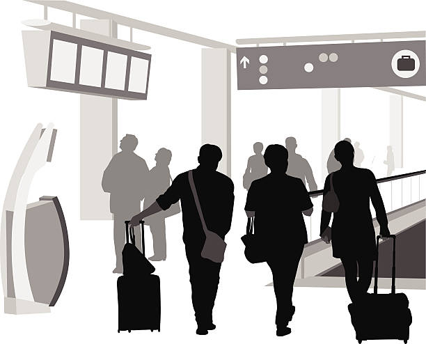 AirportConnection A group of travelers find their way through a busy airport. airport silhouettes stock illustrations