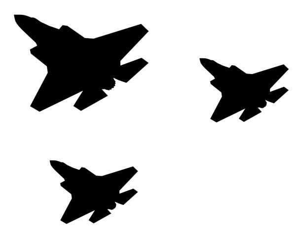 Airstrike. Vector fighters Military stealth aircraft flying. Vector silhouettes air attack stock illustrations
