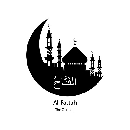 Al Fattah Allah name in Arabic writing against of mosque illustration. Arabic Calligraphy. The name of Allah or the Name of God in translation of meaning in English on white background