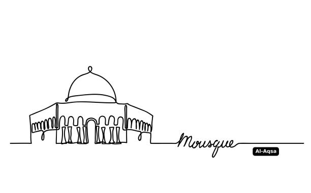 al-aqsa, kuppel auf felsen moschee handgezeichnetvektor umriss, skizze. eine, kontinuierliche linie zeichnung kontur, umriss mit schriftzug moschee - al aqsa moschee stock-grafiken, -clipart, -cartoons und -symbole