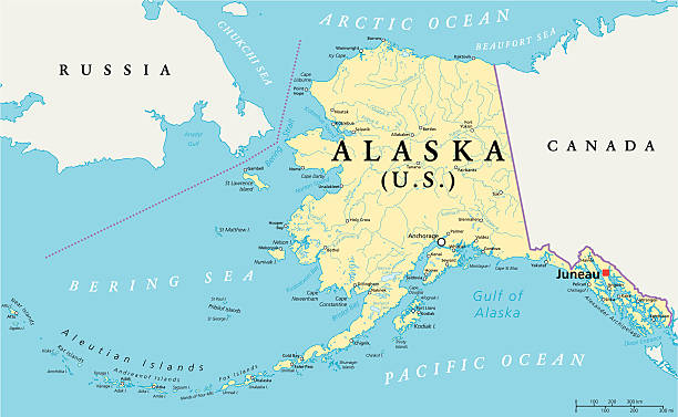 Alaska Political Map US State Alaska Political Map with capital Juneau, national borders, important cities, rivers and lakes. English labeling and scaling. Illustration. alaska stock illustrations