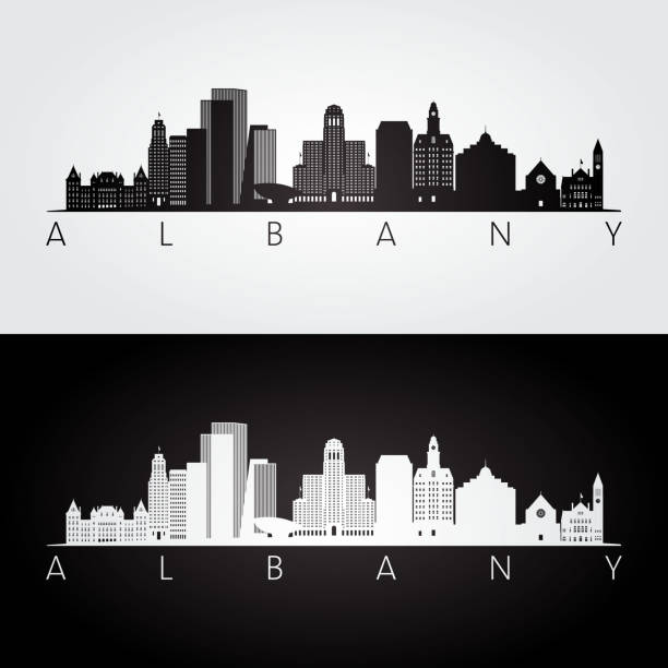 ilustrações, clipart, desenhos animados e ícones de albany eua skyline e marcos silhueta, preto e branco desenho, ilustração vetorial. - capitel