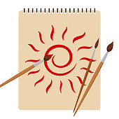 istock Album and brushes with a line drawn by the sun on a white background. 1370745895