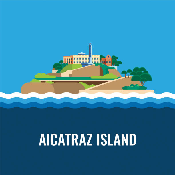 Alcatraz island view from the sea. Vector illustration. Alcatraz island view from the sea. Colorful vector flat illustration. alcaraz stock illustrations