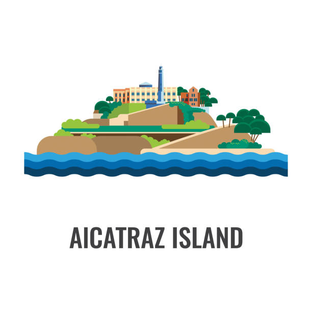 illustrazioni stock, clip art, cartoni animati e icone di tendenza di vista sull'isola di alcatraz dal mare. illustrazione vettoriale. - alcaraz