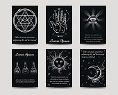 Alchemy and isoteric cards set. Black and white isoteric cards vector illustration