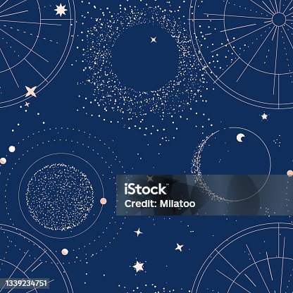 istock Alchemy celestial background, blue sky with moon, stars, planets space decor, universe pattern 1339234751