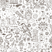 Alchemy Seamless pattern. Endless background with Hand Drawn Doodle Magic alchemical Symbols