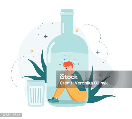 istock Alcohol addiction. Drunk man inside alcohol bottle, bad habit and unhealthy lifestyle, alcohol addicted frustrated person vector illustration 1288419848