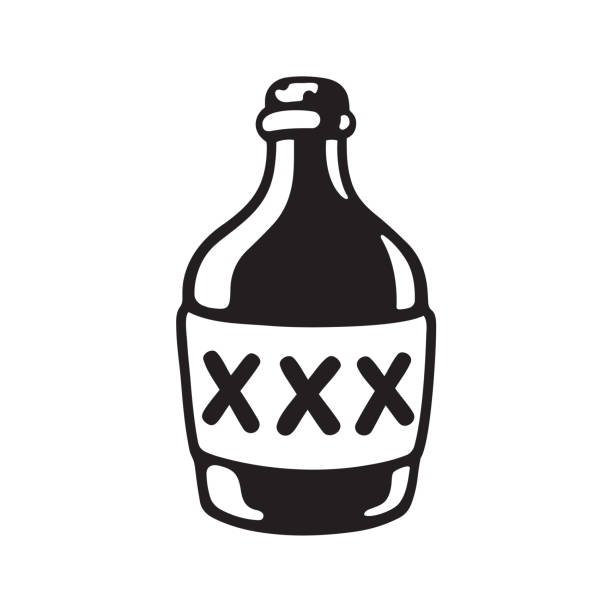 XXX alcohol bottle Cartoon bootle of moonshine with XXX label. Black and white drawing of alcohol bottle. Vector illustration. jug stock illustrations