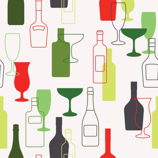 Alcohol bottles and glasses pattern Alcohol bottles and glasses pattern with colorful flat and outline elements. Vector illustration cocktail patterns stock illustrations
