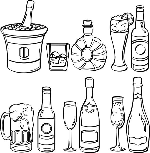 Alcohol Bottles Collection Different kinds of alcohol bottles in sketch style. It contains hi-res JPG, PDF and Illustrator 9 files. champagne drawings stock illustrations