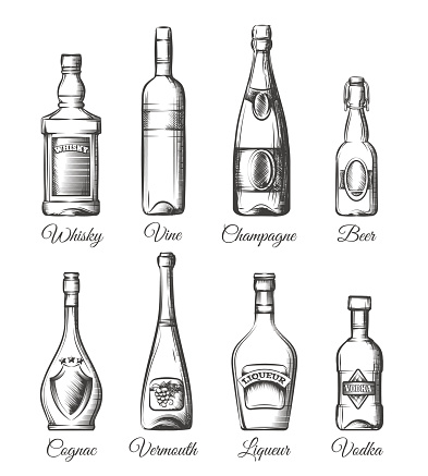 Alcohol bottles in hand drawn style