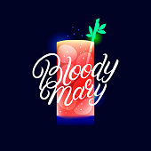 Alcohol cocktail Bloody Mary. Modern hand written lettering label. Dark background. Trendy flat style. Vector illustration.