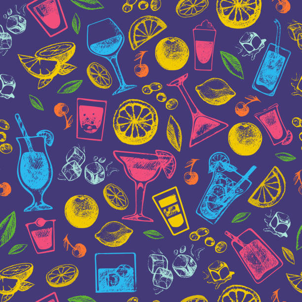 Alcohol cocktails drinks hand drawn vintage style collection and party alcoholic sweet tequila vector illustration seamless pattern background Alcohol cocktails drinks hand drawn vintage style collection and party alcoholic sweet tequila vector illustration seamless pattern background. alcohol drink backgrounds stock illustrations