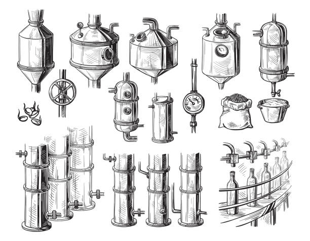alcohol distillation process. alcohol distillation process. Vector illustration factory drawings stock illustrations