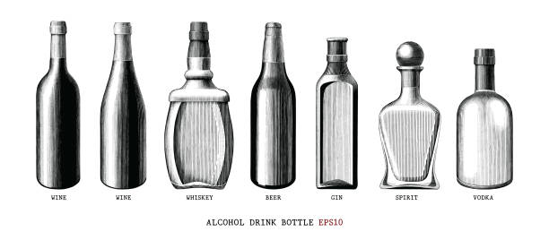 Alcohol drink bottle collection hand draw vintage style black and white clipart isolated on white background Alcohol drink bottle collection hand draw vintage style black and white clipart isolated on white background alcohol drink clipart stock illustrations