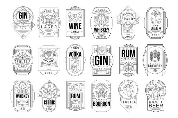 stockillustraties, clipart, cartoons en iconen met alcohol etiketten set, retro alcoholindustrie monochroom embleem vector illustratie op een witte achtergrond - etiket