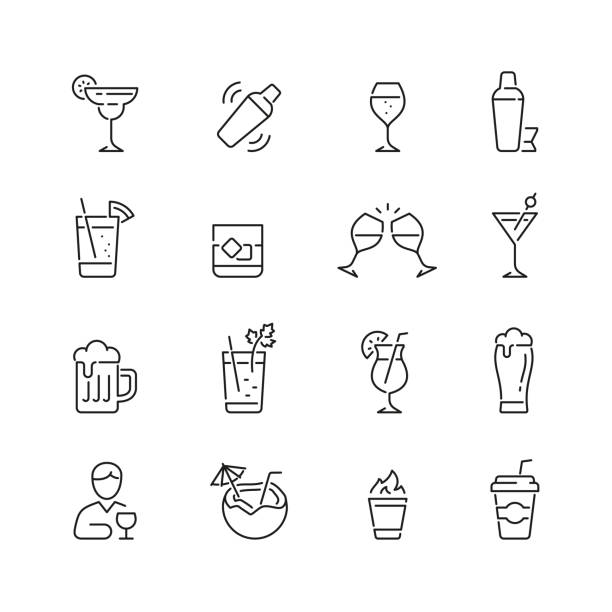 Alcohol related icons Alcohol related icons: thin vector icon set, black and white kit cocktail shaker stock illustrations