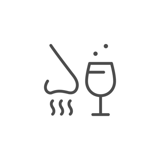 Alcohol tasting line outline icon Alcohol tasting line outline icon isolated on white. Nose and wineglass sign. Degustation, scent, taste. Sommelier. Vector illustration scented stock illustrations