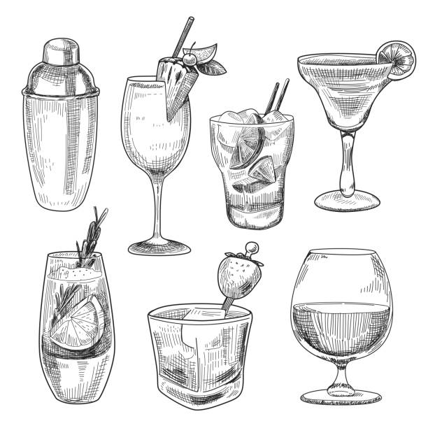 Alcoholic cocktails sketch Alcoholic cocktails sketch. Various short mixed drinks of gin, whiskey, rum, vodka, brandy, with different fruit mixtures. Vector illustration alcohol drink drawings stock illustrations