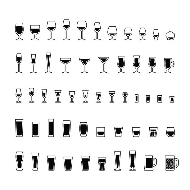 Alcoholic drinks glasses black and white icons set Alcoholic drinks glasses black and white icons set, vector illustration. highball glass stock illustrations
