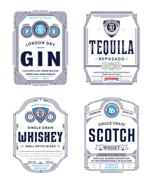 Alcoholic drinks labels Alcoholic drinks vintage thin line labels and packaging design templates. Gin, tequila, whiskey and scotch labels. Distilling business branding and identity design elements. gin stock illustrations