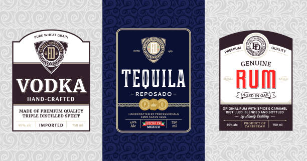 Alcoholic drinks vintage labels Alcoholic drinks vintage labels and packaging design templates. Vodka, tequila and rum labels. Distilling business branding and identity design elements. vodka drinks stock illustrations