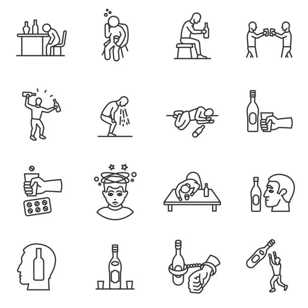 Alcoholism, drunkenness icons set. Editable stroke Alcoholism, drunkenness icons set. Hangover. alcohol intoxication, thin line design. Illustration of drunk people, linear symbols collection. isolated vector illustration. alcohol abuse stock illustrations