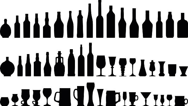 Alcohols Bottles & Glasses High detailed Silhouettes of Alcohol bottles & glasses in all shapes. alcohol drink silhouettes stock illustrations
