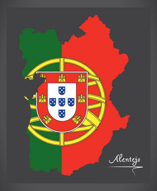ilustrações de stock, clip art, desenhos animados e ícones de alentejo portugal map with portuguese national flag illustration - alentejo