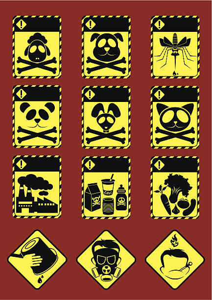 Alert! Comical alert signs with space for message and useful precaution sign. dog poisoning stock illustrations